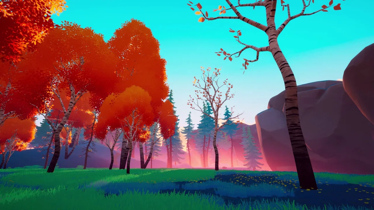 Bright autumn trees against a blue sky and pink forest mist