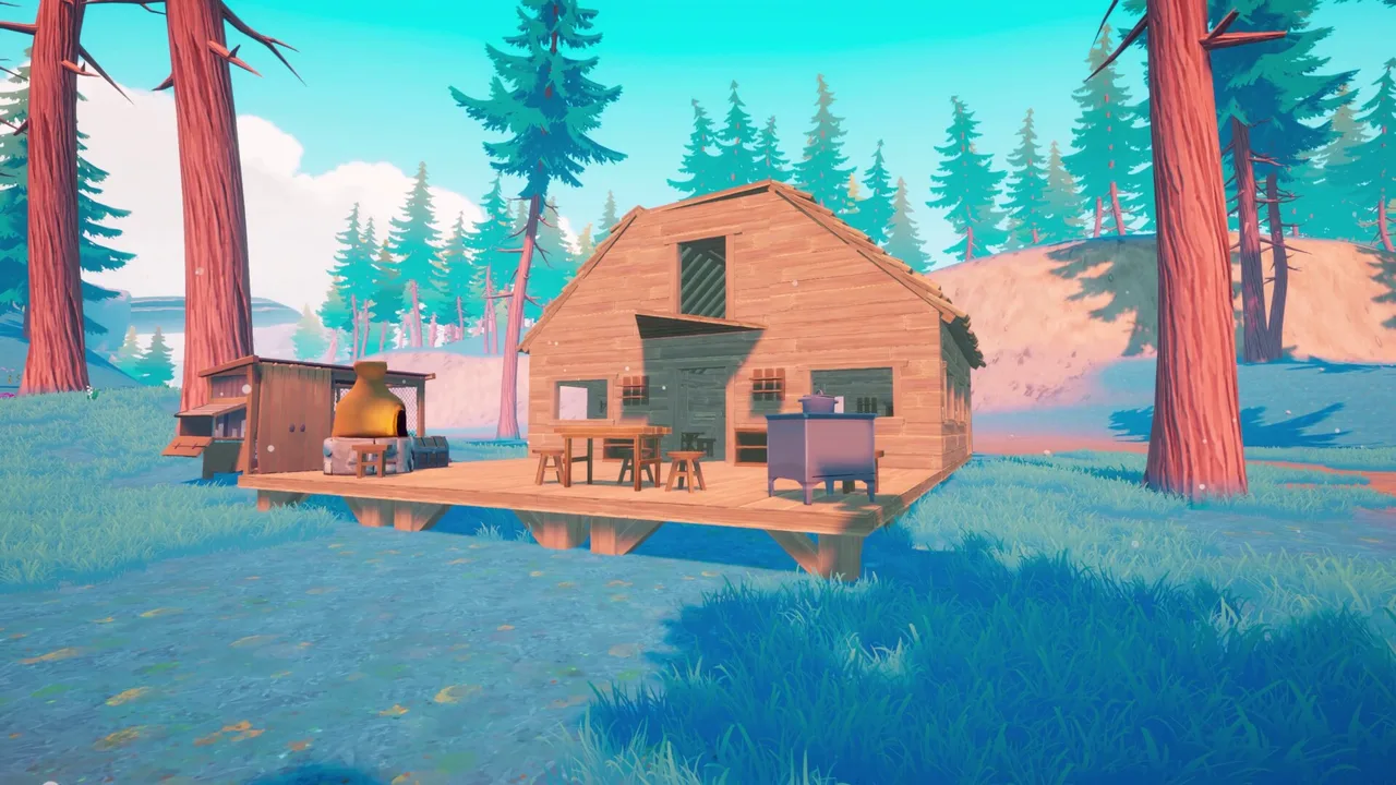 A furnished wooden cabin built among the pine trees