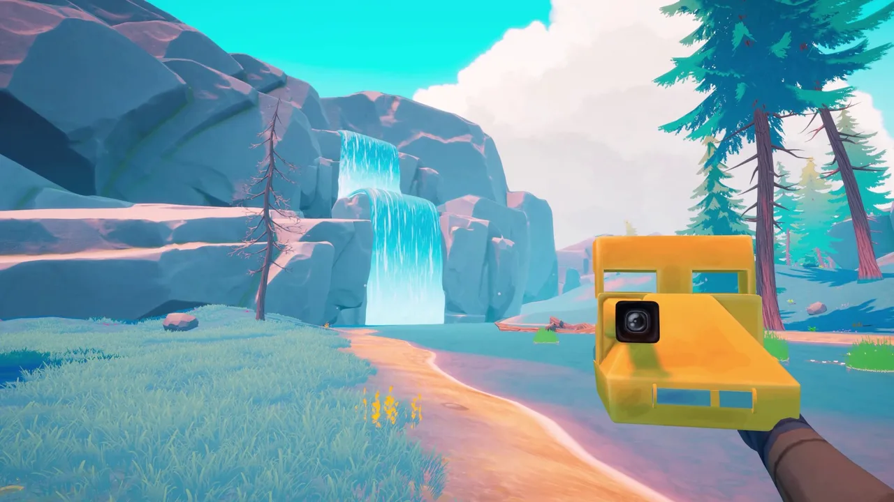 A yellow instant camera framing a waterfall in the Sanctuary
