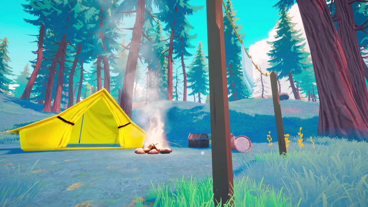 A yellow tent beside a glowing campfire in the peaceful forest