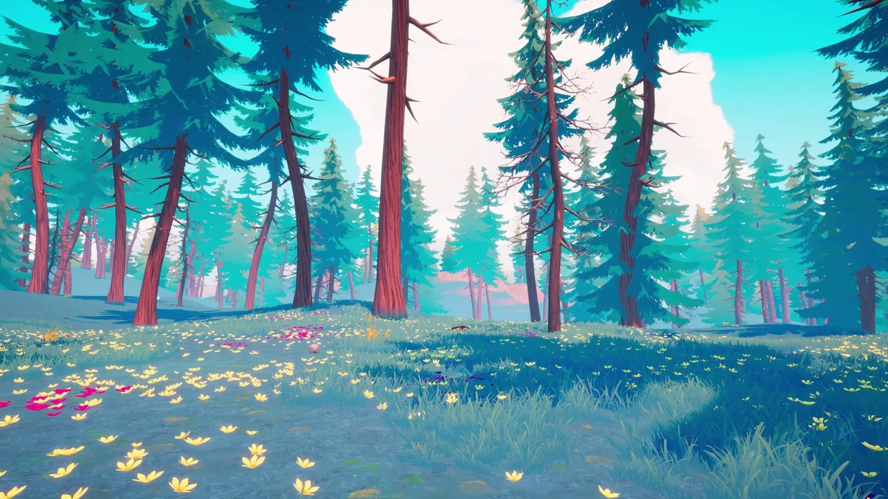 Yellow and pink wildflowers cover a sunlit path through tall pine trees