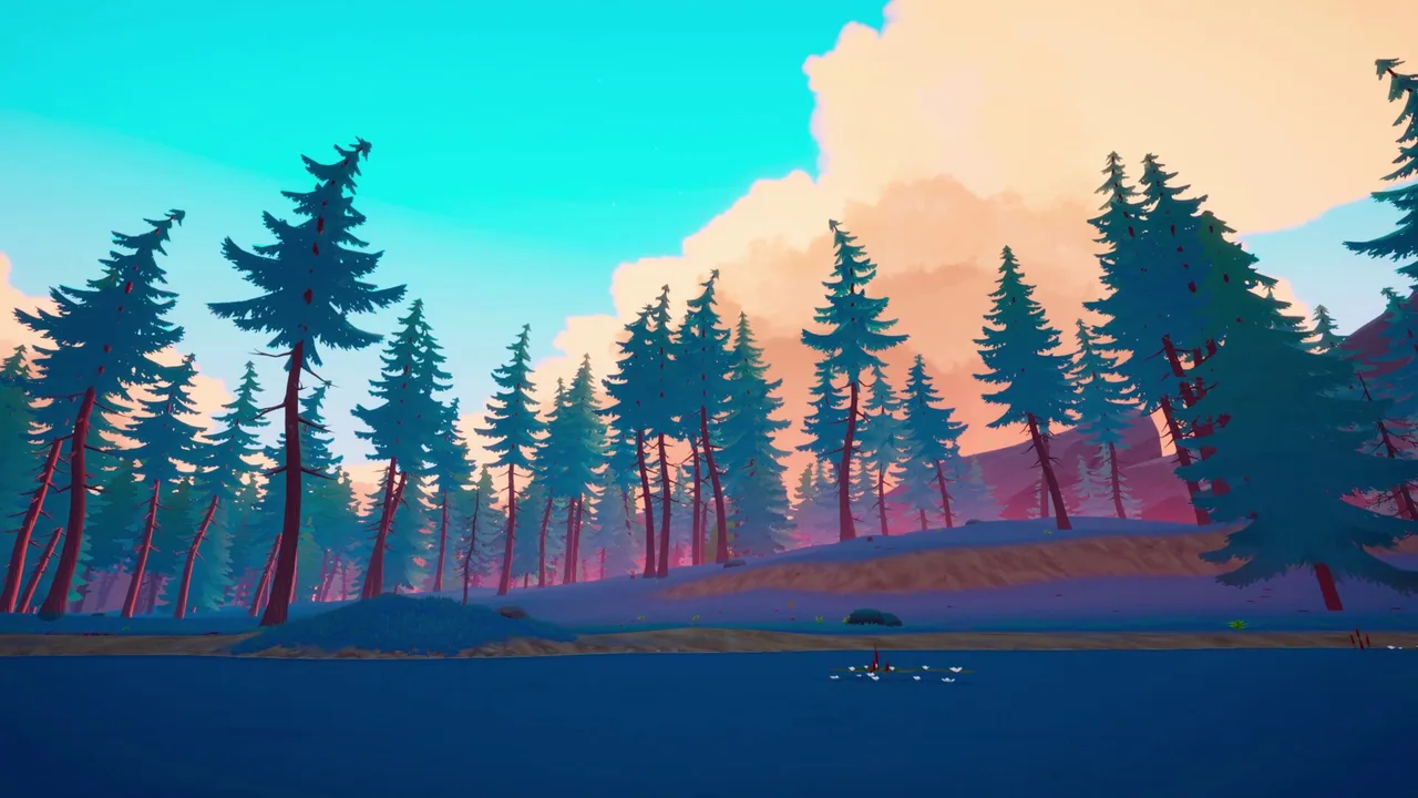 A quiet lake reflects the pine forest at sunset