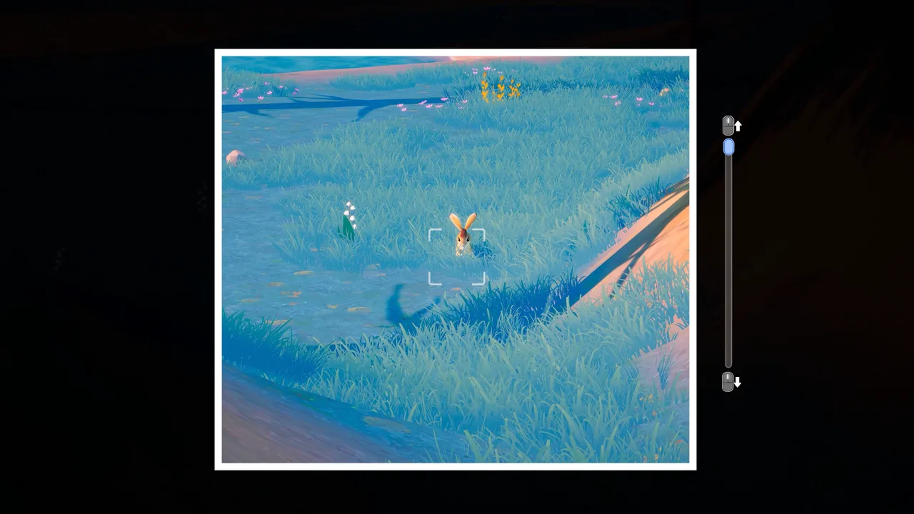 A rabbit in the grass seen through the viewfinder of an in-game camera
