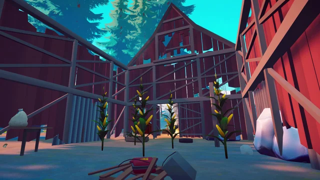 Tall crops growing beside a red wooden barn