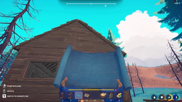 Building a wooden cabin using the in-game blueprint tool