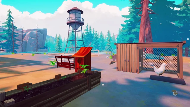 A chicken coop, growing beds and a water tower outside a woodland home