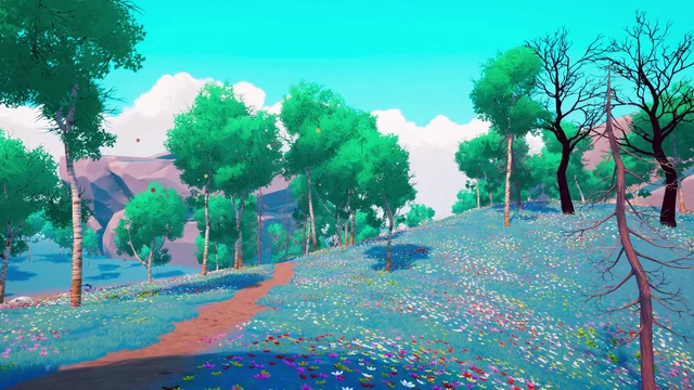A path crosses a meadow covered in wildflowers