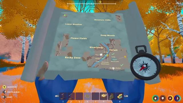 An illustrated map and compass used to explore the Sanctuary