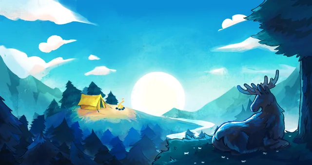 Illustrated forest valley with a resting moose and a yellow tent