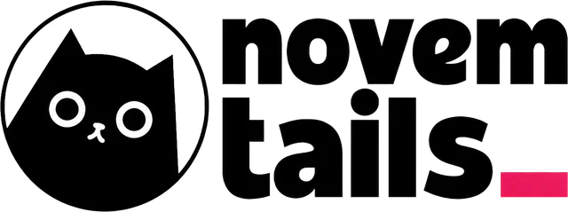 Novemtails studio logo with black lettering and a cat emblem