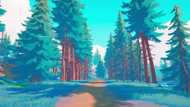 A sunlit trail winds between tall pine trees