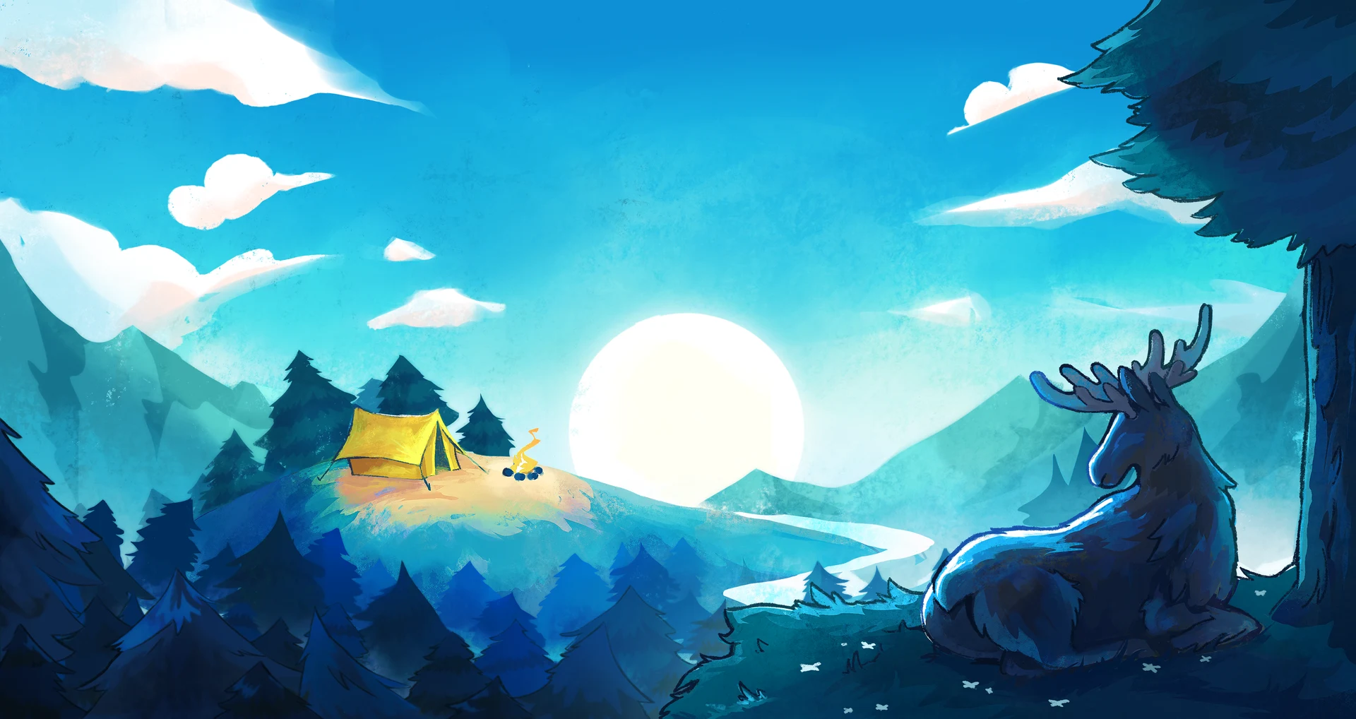 A moose rests above a forest valley, with a yellow tent and a campfire on a nearby hill