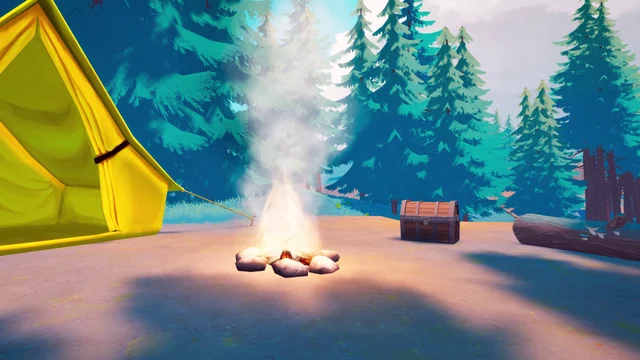 A yellow tent and glowing campfire in a forest clearing